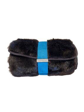 Stephanie Johnson Brown Faux Fur Roll-Up Travel Bag With Blue Suede Strap & Peac